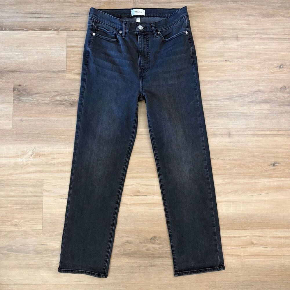 Frame Le High Straight Leg Black Denim Jeans Sz 29 High Rise Broken Black Chic